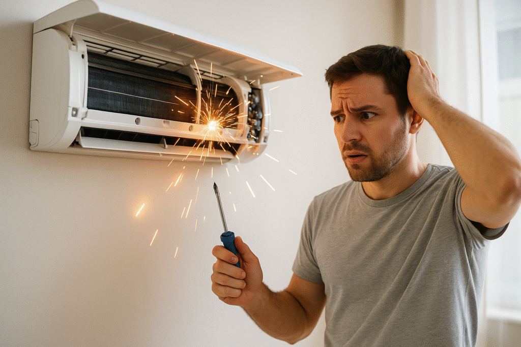 Morador de Costa Rica MS tentando instalar ar-condicionado sozinho com expressão de dúvida